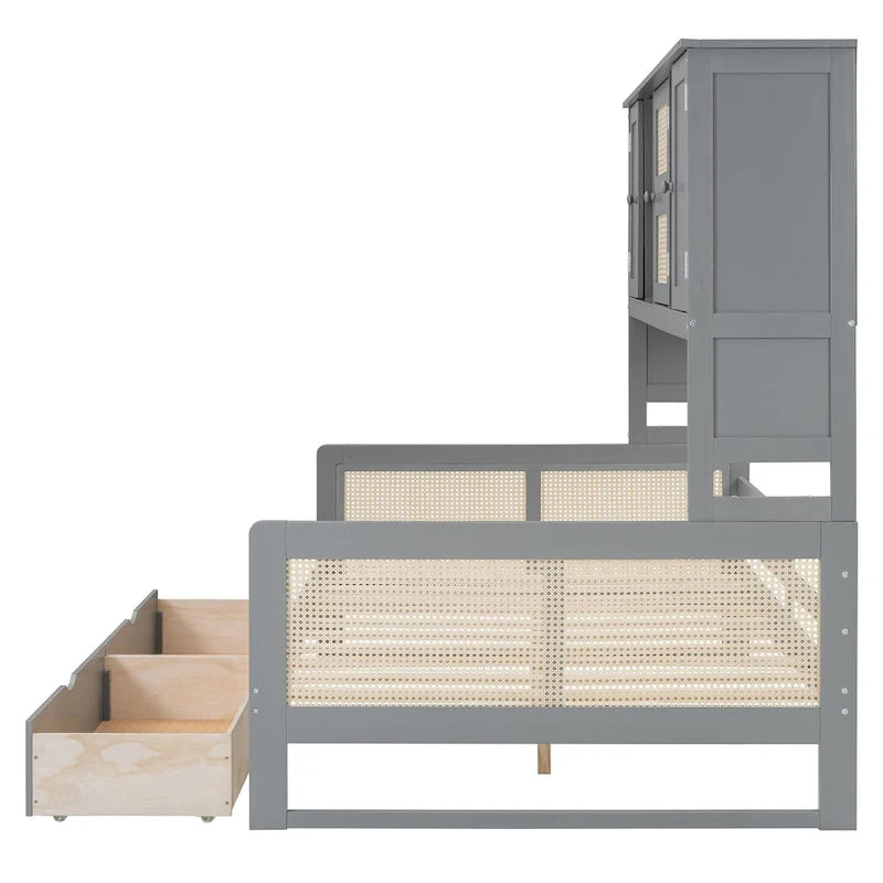 Modern Full Size Wood Daybed Storage Platform Bed Frame with All-in-One Cabinet, 2 Drawers and Shelf