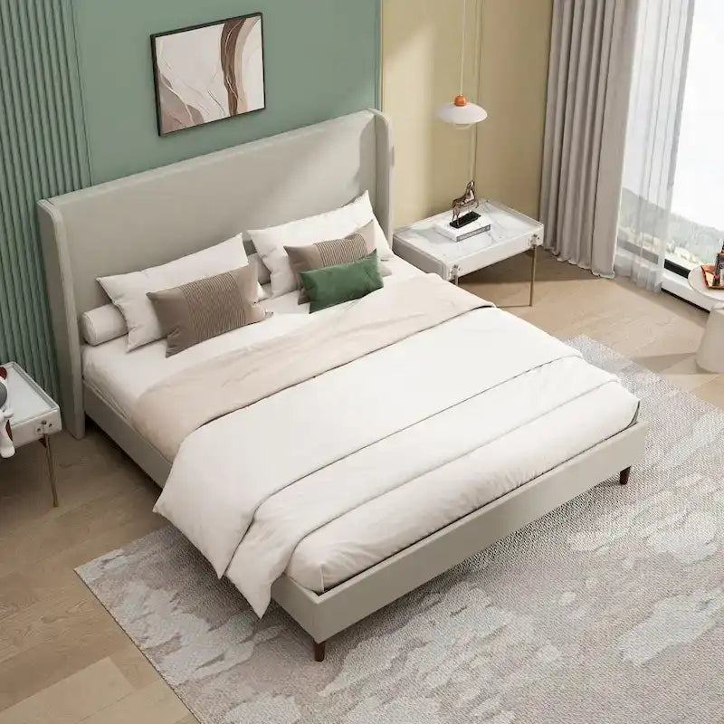 King Platform Bed with Solid Wood Legs & 12-Slat Support