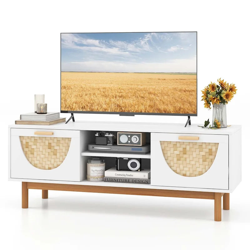 TV Stand for 55-Inch TVs with 2 Drawers & Bamboo Woven Fronts - See Details