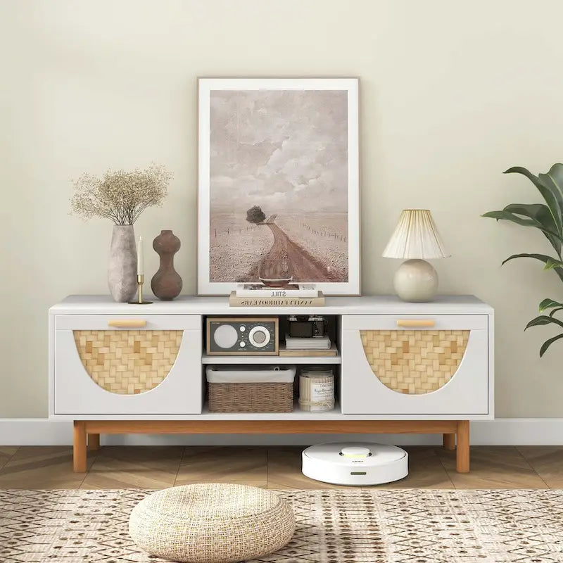 TV Stand for 55-Inch TVs with 2 Drawers & Bamboo Woven Fronts - See Details