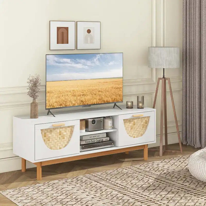 TV Stand for 55-Inch TVs with 2 Drawers & Bamboo Woven Fronts - See Details
