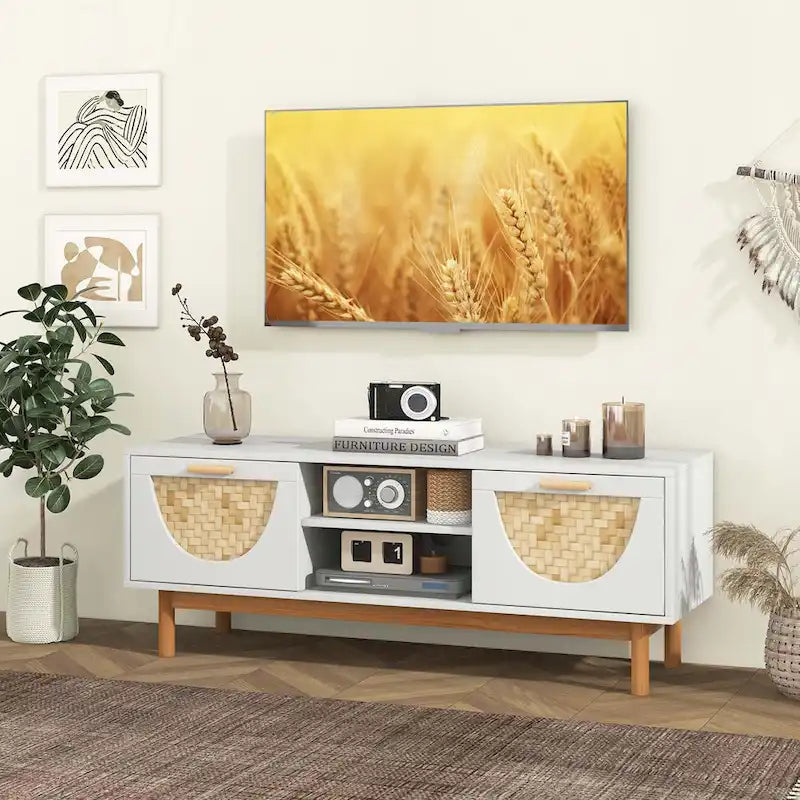 TV Stand for 55-Inch TVs with 2 Drawers & Bamboo Woven Fronts - See Details
