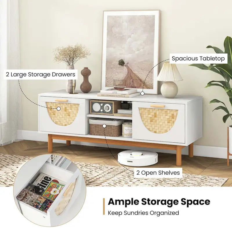 TV Stand for 55-Inch TVs with 2 Drawers & Bamboo Woven Fronts - See Details
