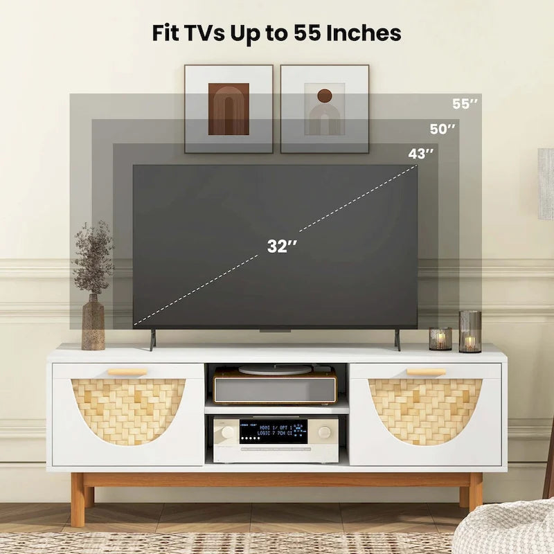 TV Stand for 55-Inch TVs with 2 Drawers & Bamboo Woven Fronts - See Details