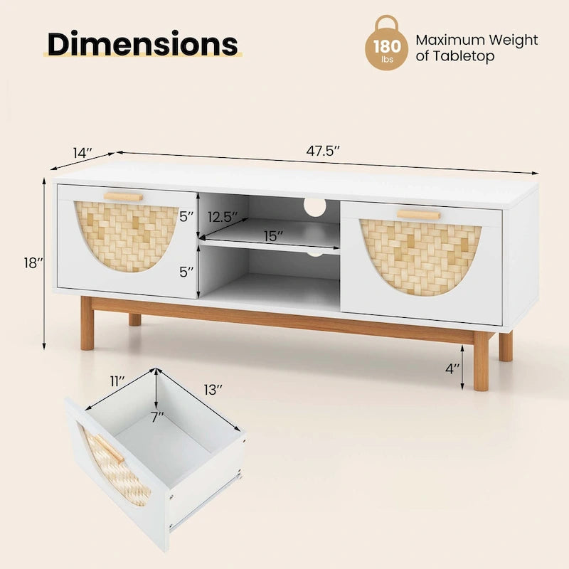 TV Stand for 55-Inch TVs with 2 Drawers & Bamboo Woven Fronts - See Details