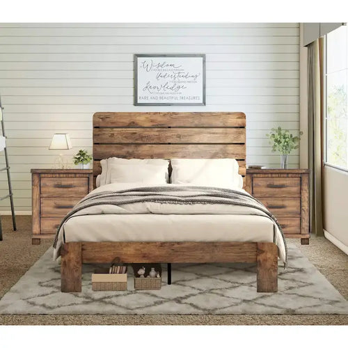 3-Piece Bedroom Set: Wood Platform Bed Frame and Headboard, Set of 2 Solid Wood Nightstands with Three Drawers
