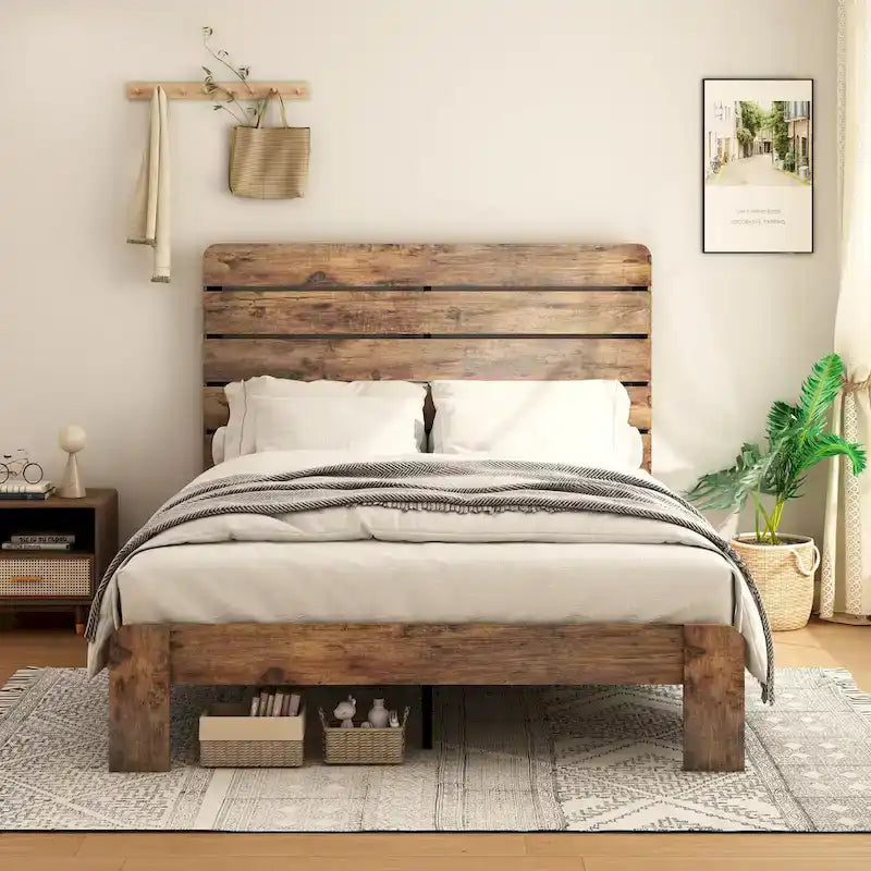3-Pieces Bedroom Sets Wood Platform Bed Frame and Headboard,Solid Wood Nightstands Set of 2 with Three Drawer