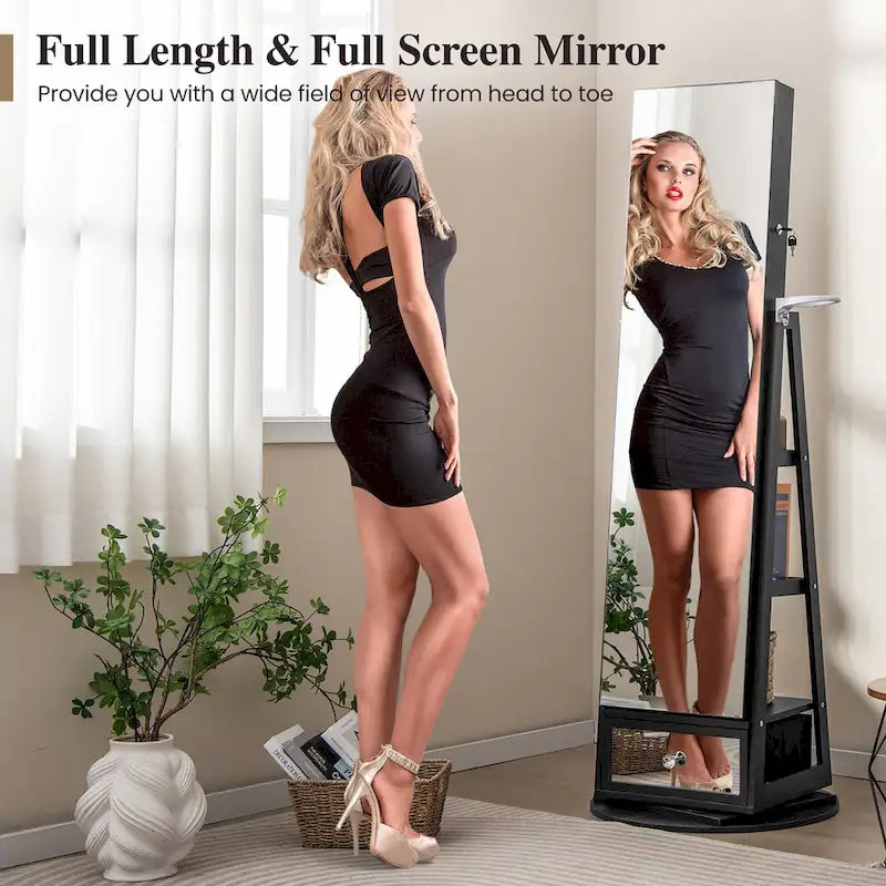 Gymax Swivel Jewelry Cabinet w/ Mirror Jewelry Storage Organizer