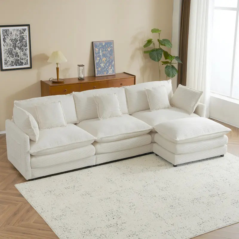 Sectional Sofa with Movable Ottoman Corduroy L-Shaped Upholstered Deep Seat Couch with Lumbar Pillows and Side Pockets