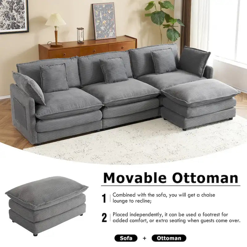 Sectional Sofa with Movable Ottoman Corduroy L-Shaped Upholstered Deep Seat Couch with Lumbar Pillows and Side Pockets