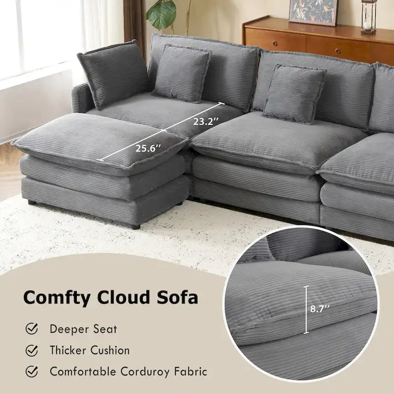 Sectional Sofa with Movable Ottoman Corduroy L-Shaped Upholstered Deep Seat Couch with Lumbar Pillows and Side Pockets