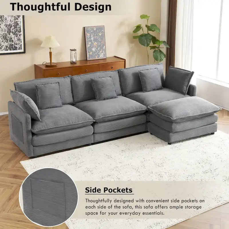 Sectional Sofa with Movable Ottoman Corduroy L-Shaped Upholstered Deep Seat Couch with Lumbar Pillows and Side Pockets