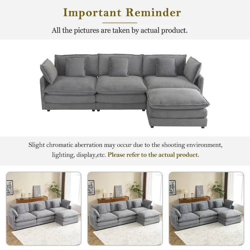 Sectional Sofa with Movable Ottoman Corduroy L-Shaped Upholstered Deep Seat Couch with Lumbar Pillows and Side Pockets