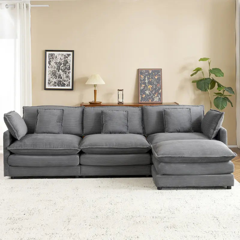 Sectional Sofa with Movable Ottoman Corduroy L-Shaped Upholstered Deep Seat Couch with Lumbar Pillows and Side Pockets