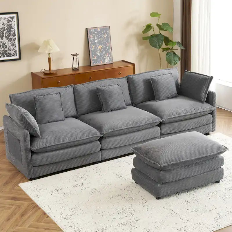 Sectional Sofa with Movable Ottoman Corduroy L-Shaped Upholstered Deep Seat Couch with Lumbar Pillows and Side Pockets