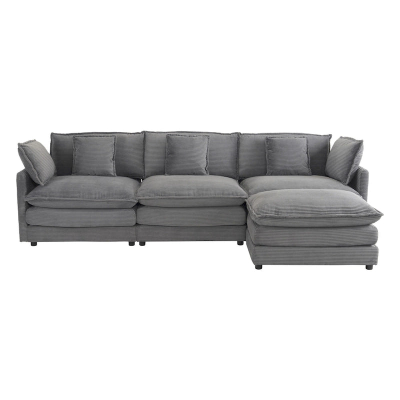 Sectional Sofa with Movable Ottoman Corduroy L-Shaped Upholstered Deep Seat Couch with Lumbar Pillows and Side Pockets