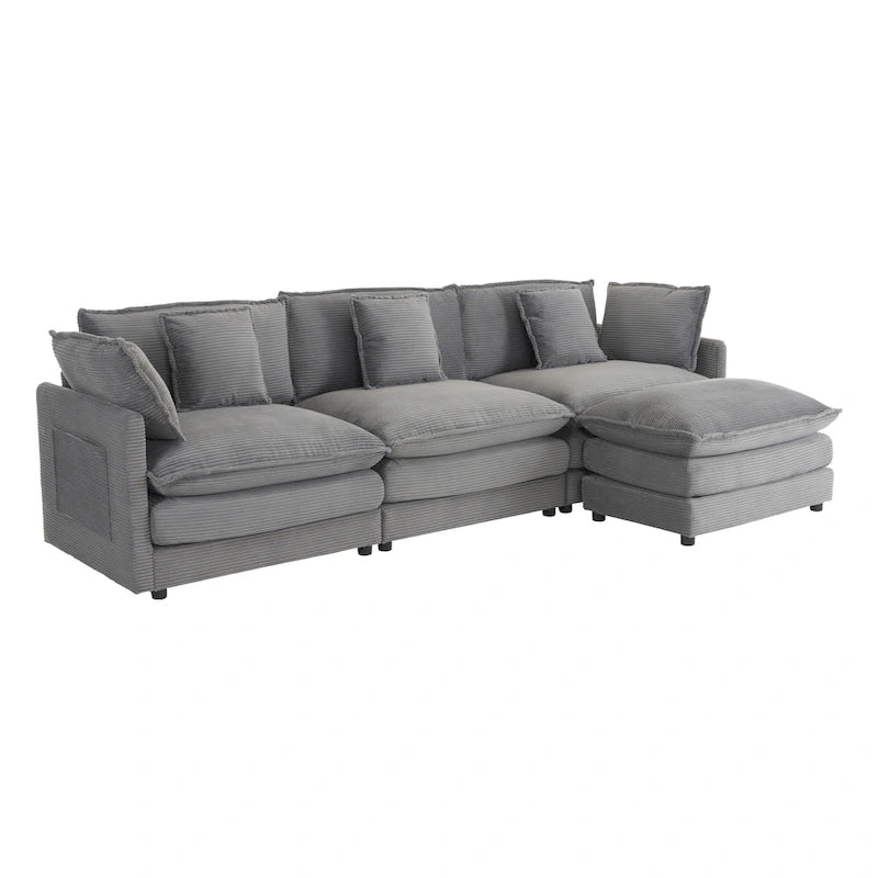 Sectional Sofa with Movable Ottoman Corduroy L-Shaped Upholstered Deep Seat Couch with Lumbar Pillows and Side Pockets