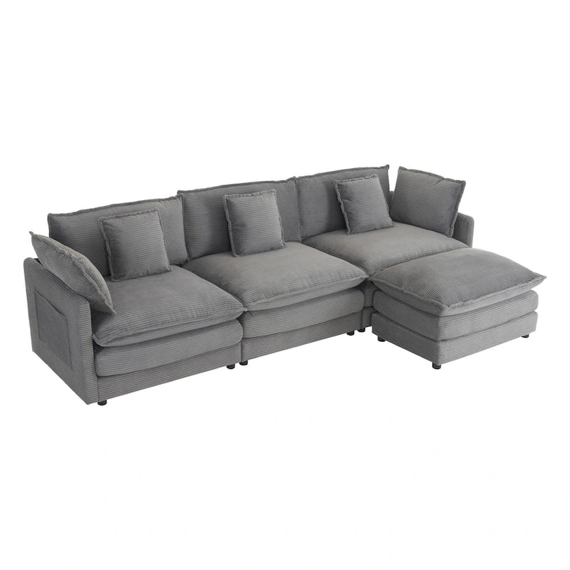 Sectional Sofa with Movable Ottoman Corduroy L-Shaped Upholstered Deep Seat Couch with Lumbar Pillows and Side Pockets