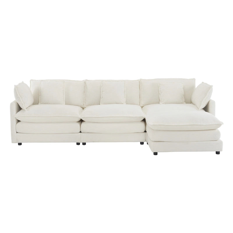 Sectional Sofa with Movable Ottoman Corduroy L-Shaped Upholstered Deep Seat Couch with Lumbar Pillows and Side Pockets