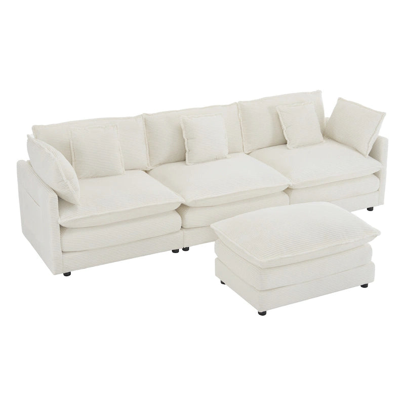 Sectional Sofa with Movable Ottoman Corduroy L-Shaped Upholstered Deep Seat Couch with Lumbar Pillows and Side Pockets