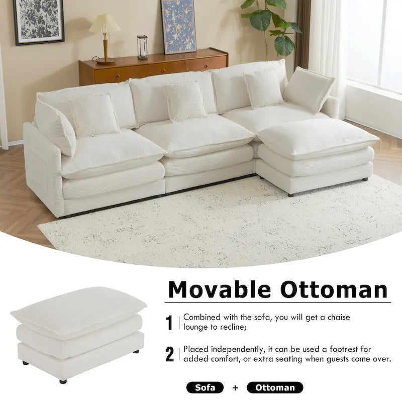 Sectional Sofa with Movable Ottoman Corduroy L-Shaped Upholstered Deep Seat Couch with Lumbar Pillows and Side Pockets