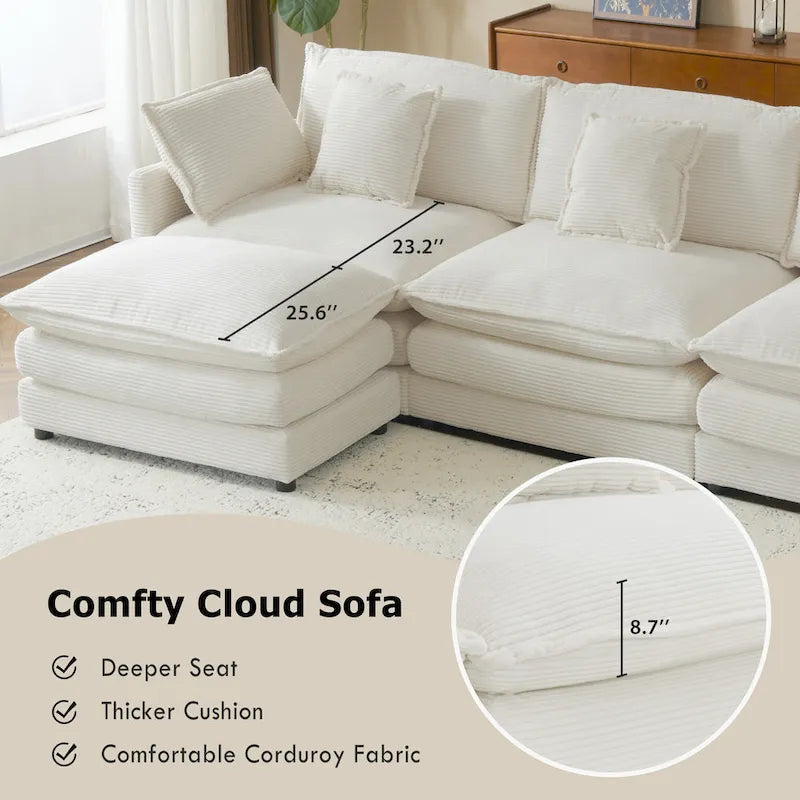 Sectional Sofa with Movable Ottoman Corduroy L-Shaped Upholstered Deep Seat Couch with Lumbar Pillows and Side Pockets