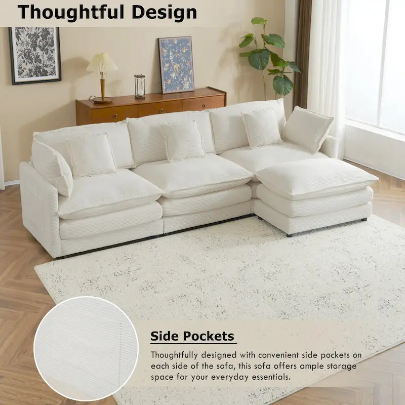 Sectional Sofa with Movable Ottoman Corduroy L-Shaped Upholstered Deep Seat Couch with Lumbar Pillows and Side Pockets