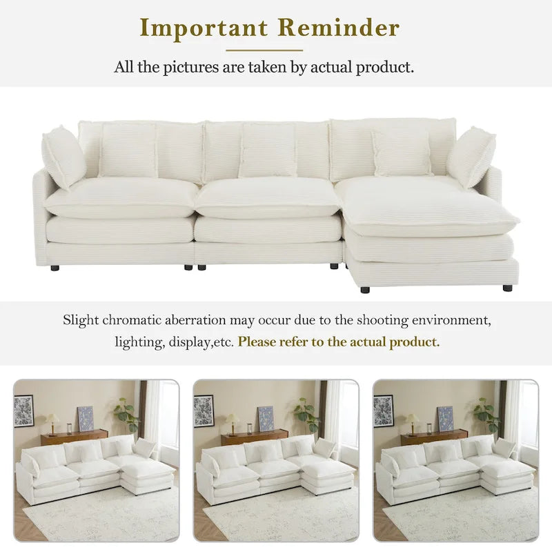 Sectional Sofa with Movable Ottoman Corduroy L-Shaped Upholstered Deep Seat Couch with Lumbar Pillows and Side Pockets
