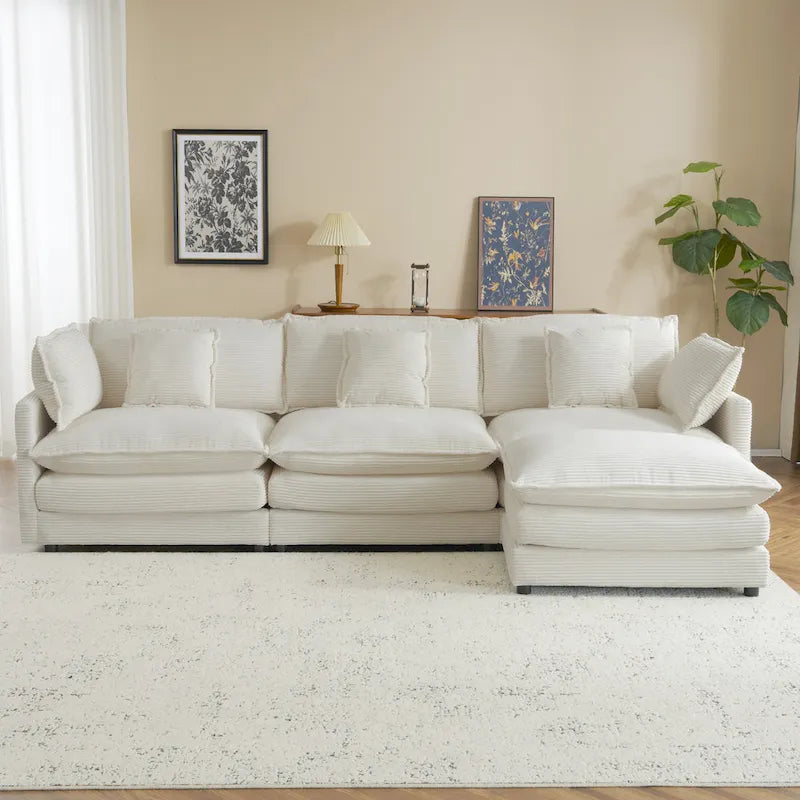 Sectional Sofa with Movable Ottoman Corduroy L-Shaped Upholstered Deep Seat Couch with Lumbar Pillows and Side Pockets