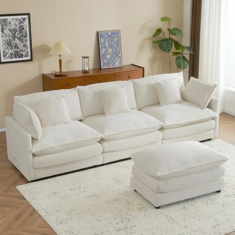 Sectional Sofa with Movable Ottoman Corduroy L-Shaped Upholstered Deep Seat Couch with Lumbar Pillows and Side Pockets