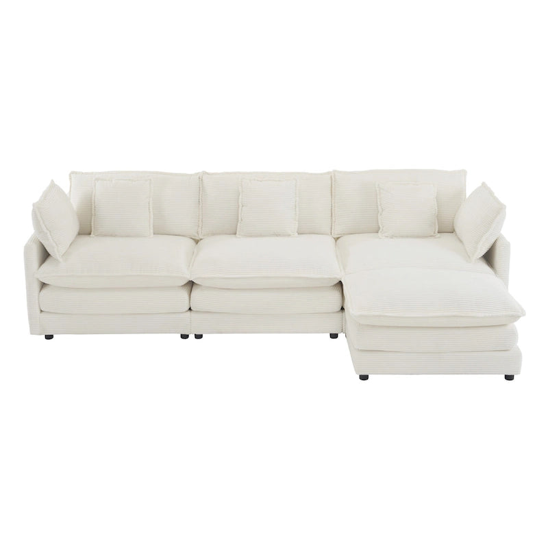 Sectional Sofa with Movable Ottoman Corduroy L-Shaped Upholstered Deep Seat Couch with Lumbar Pillows and Side Pockets