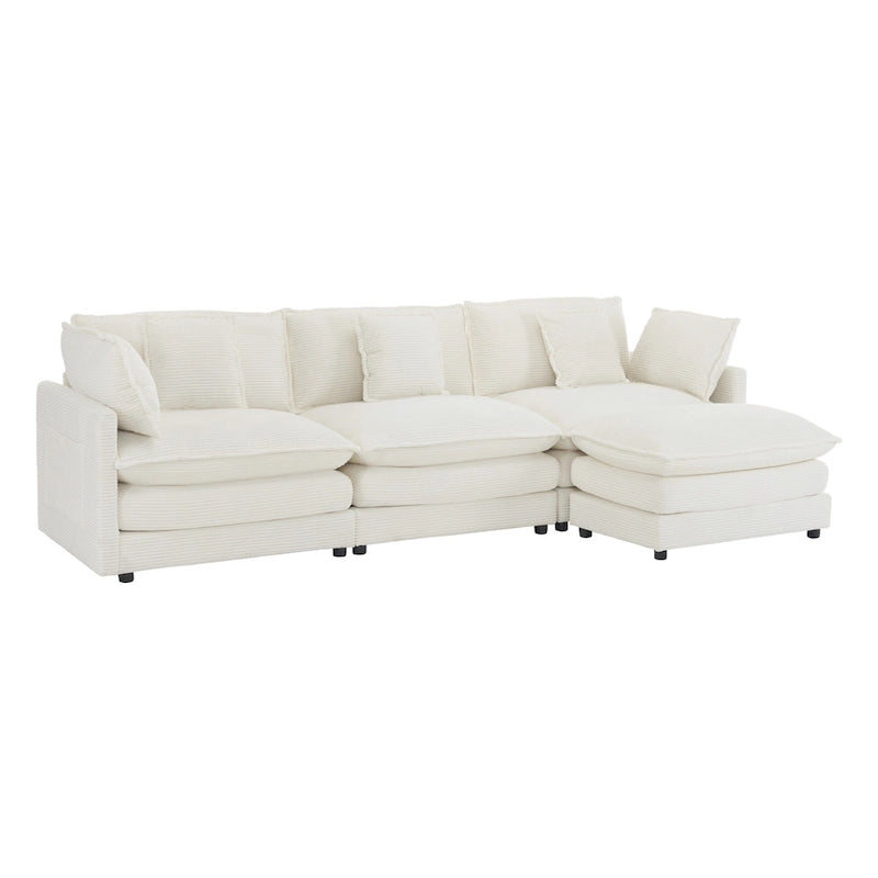 Sectional Sofa with Movable Ottoman Corduroy L-Shaped Upholstered Deep Seat Couch with Lumbar Pillows and Side Pockets