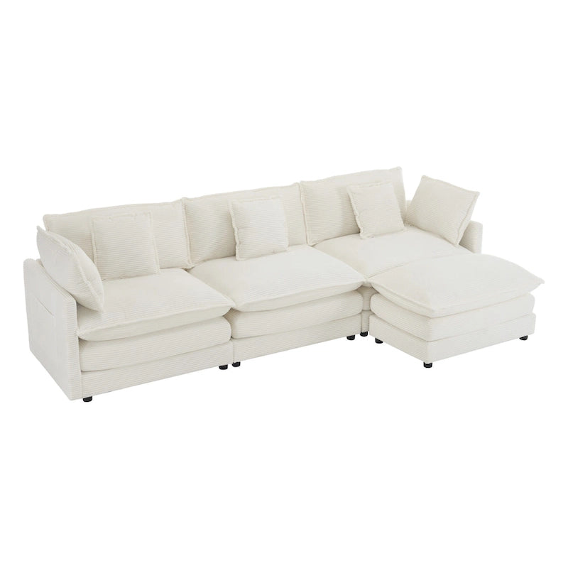 Sectional Sofa with Movable Ottoman Corduroy L-Shaped Upholstered Deep Seat Couch with Lumbar Pillows and Side Pockets