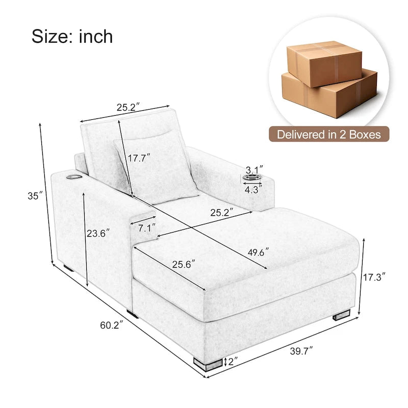 Oversized Chaise Lounger Modern Sofa Couch with Pillows, Charge Station & Cup Holders