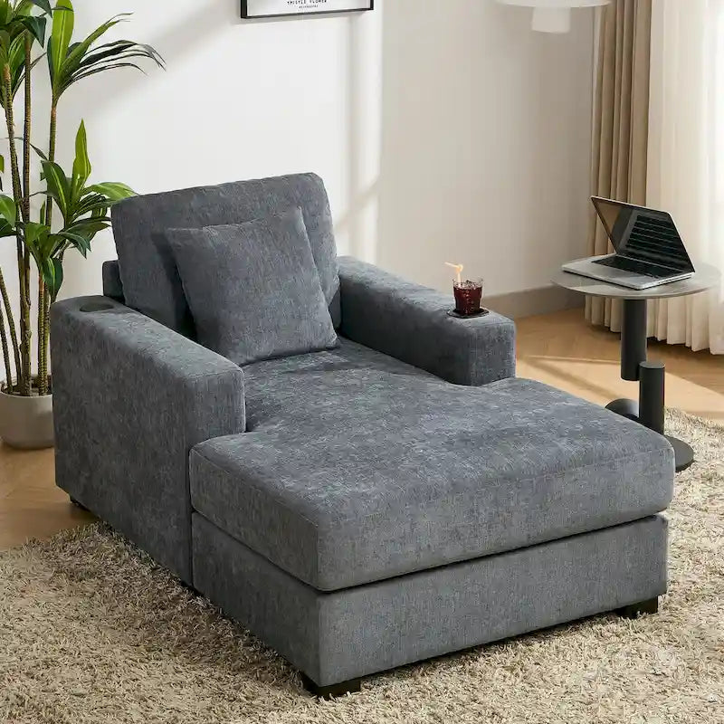 Oversized Chaise Lounger Modern Sofa Couch with Pillows, Charge Station & Cup Holders