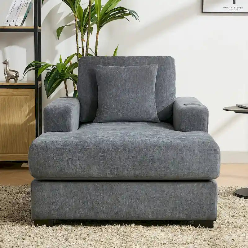 Oversized Chaise Lounger Modern Sofa Couch with Pillows, Charge Station & Cup Holders
