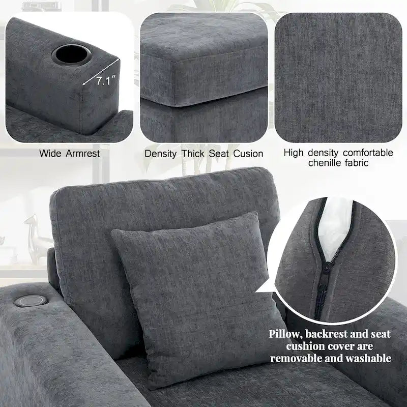 Oversized Chaise Lounger Modern Sofa Couch with Pillows, Charge Station & Cup Holders