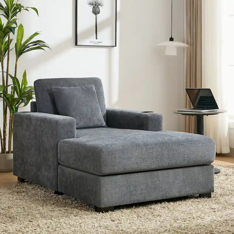 Oversized Chaise Lounger Modern Sofa Couch with Pillows, Charge Station & Cup Holders