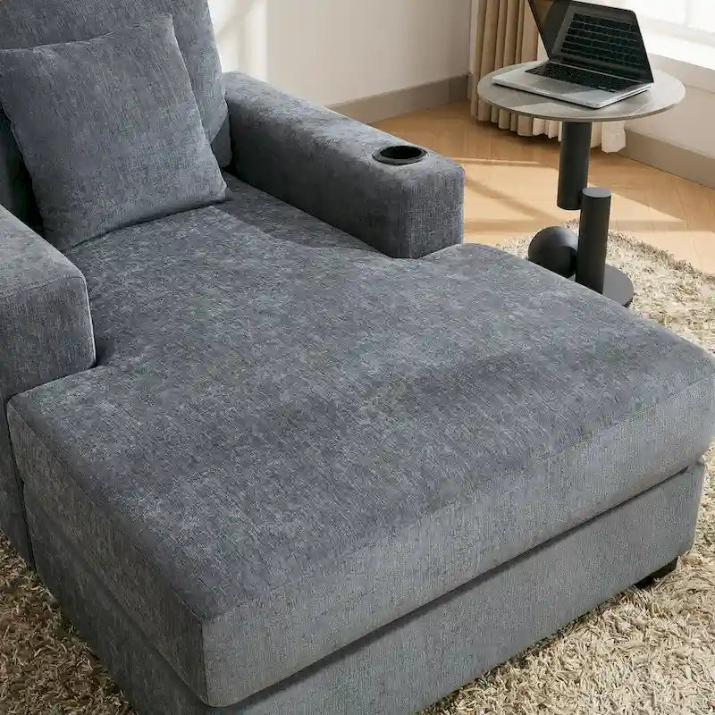 Oversized Chaise Lounger Modern Sofa Couch with Pillows, Charge Station & Cup Holders
