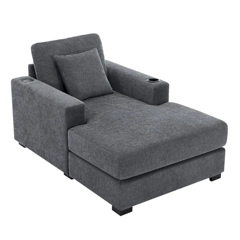 Oversized Chaise Lounger Modern Sofa Couch with Pillows, Charge Station & Cup Holders