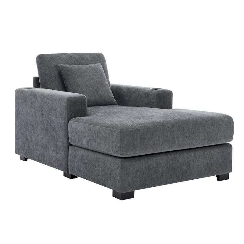 Oversized Chaise Lounger Modern Sofa Couch with Pillows, Charge Station & Cup Holders