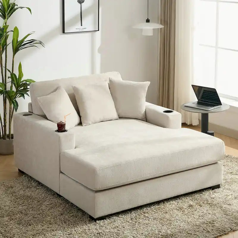 Oversized Chaise Lounger Modern Sofa Couch with Pillows, Charge Station & Cup Holders