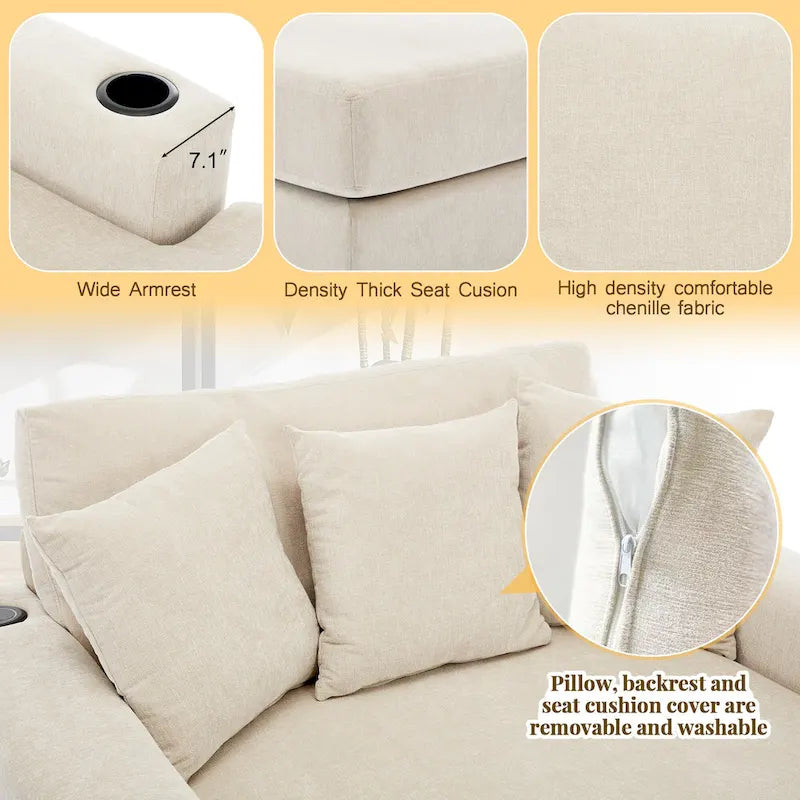 Oversized Chaise Lounger Modern Sofa Couch with Pillows, Charge Station & Cup Holders