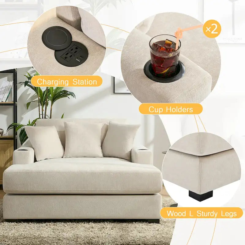 Oversized Chaise Lounger Modern Sofa Couch with Pillows, Charge Station & Cup Holders