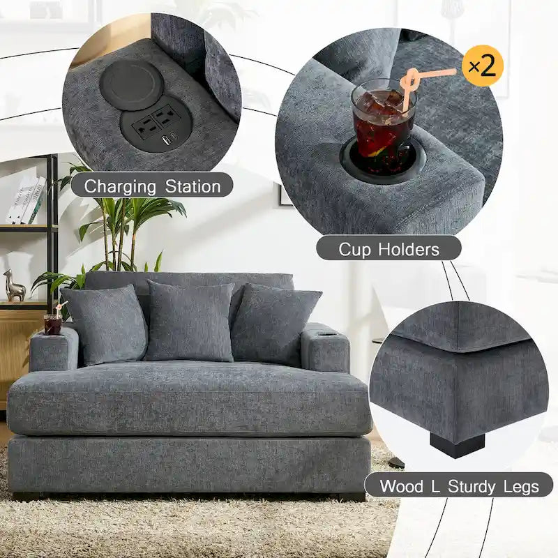 Oversized Chaise Lounger Modern Sofa Couch with Pillows, Charge Station & Cup Holders