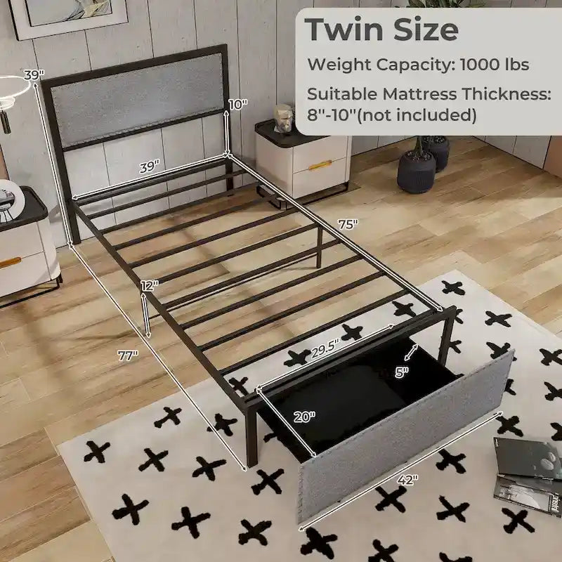 Gymax Twin Size Bed Frame w/ Storage Drawer Metal Platform Bed w/ LED