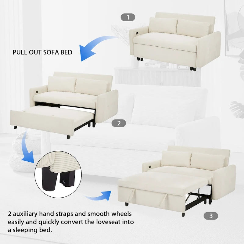 Roomfitters Pull-Out Sofa Bed Convertible 2-Seat Loveseat with Throw Pillows and USB Ports, Modern Sleeper Sofa, Beige