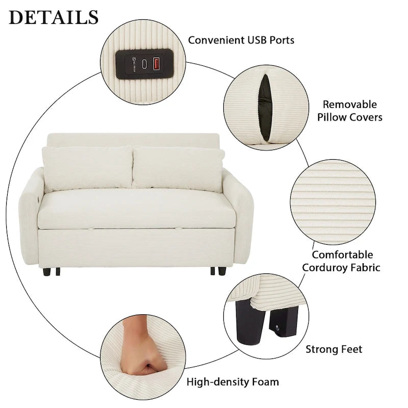 Roomfitters Pull-Out Sofa Bed Convertible 2-Seat Loveseat with Throw Pillows and USB Ports, Modern Sleeper Sofa, Beige