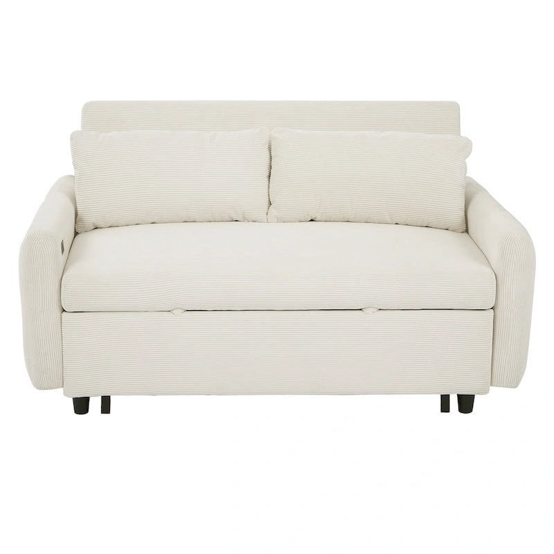 Roomfitters Pull-Out Sofa Bed Convertible 2-Seat Loveseat with Throw Pillows and USB Ports, Modern Sleeper Sofa, Beige