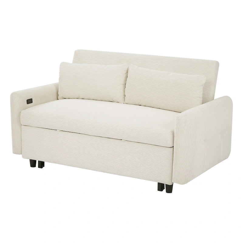 Roomfitters Pull-Out Sofa Bed Convertible 2-Seat Loveseat with Throw Pillows and USB Ports, Modern Sleeper Sofa, Beige